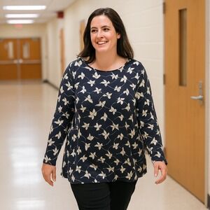 Lands' End 2X Relaxed Fit‎ Floral Cotton Long-Sleeve Top Plus Size Minimalist